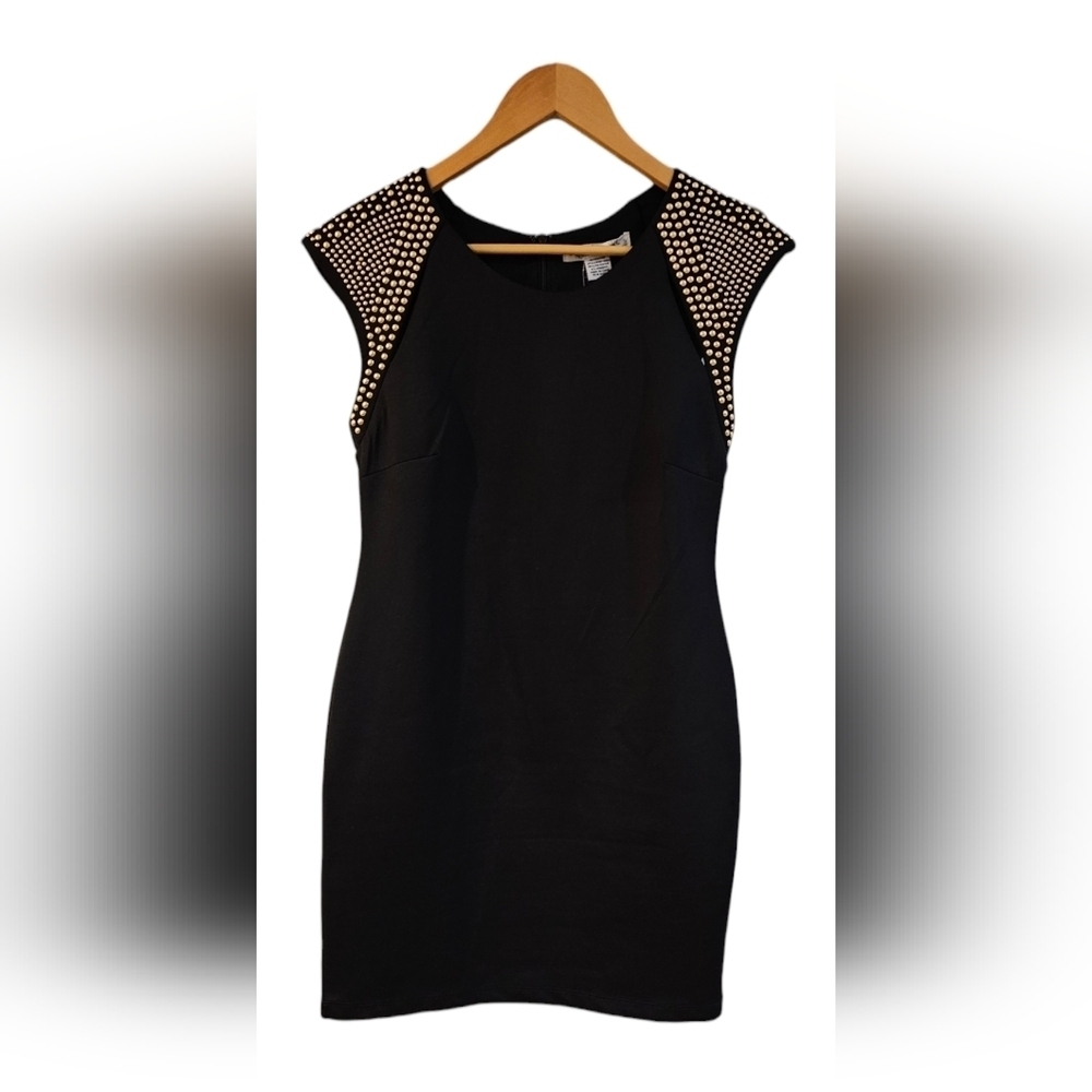 Sans Souci -Mini Sleeveless Black Golden Studded Slit Shoulder Hem Bodycon Dress - Picture 1 of 8